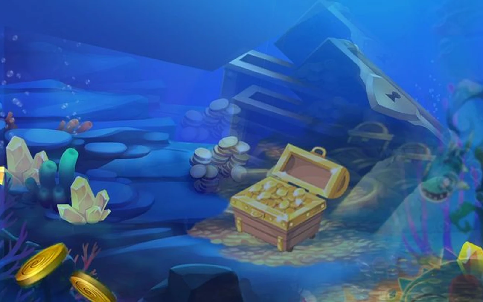 ฉากเกมยิงปลาใต้น้ำที่มีเป้าหมายหลายขนาดและปืนใหญ่สำหรับการเล่นบนมือถือ